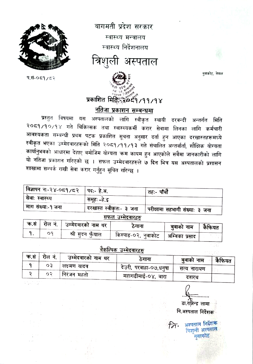 vacancy result trishuli hospital nuwakot